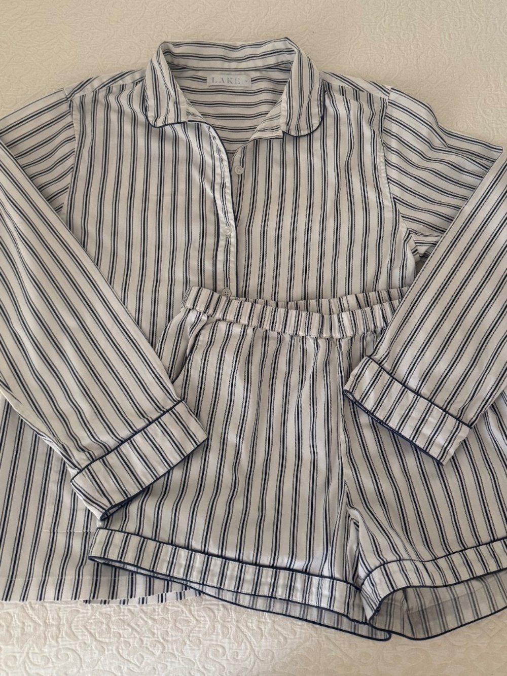 LAKE Poplin Piped Long-Short Set in Blue Stripe, Size M, New never worn